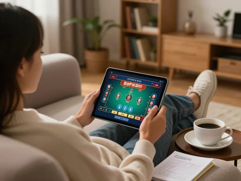Engaging in online casino games on a tablet at home for 78winvina, featuring strategic notes.