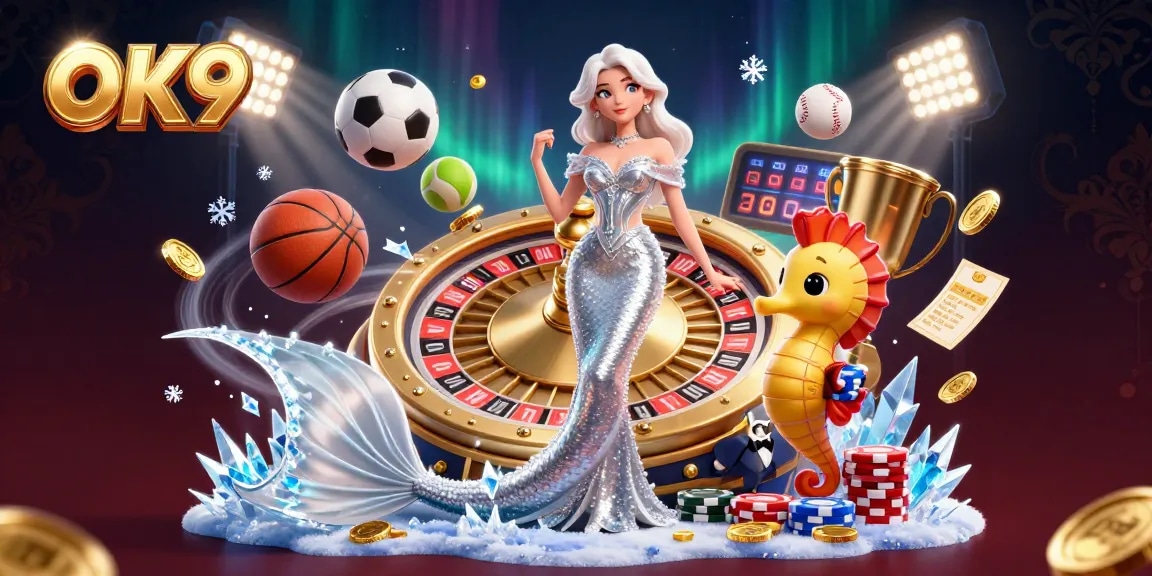 Engage in thrilling gaming at OK9 with a glamorous scene featuring a roulette wheel and dynamic sports elements.