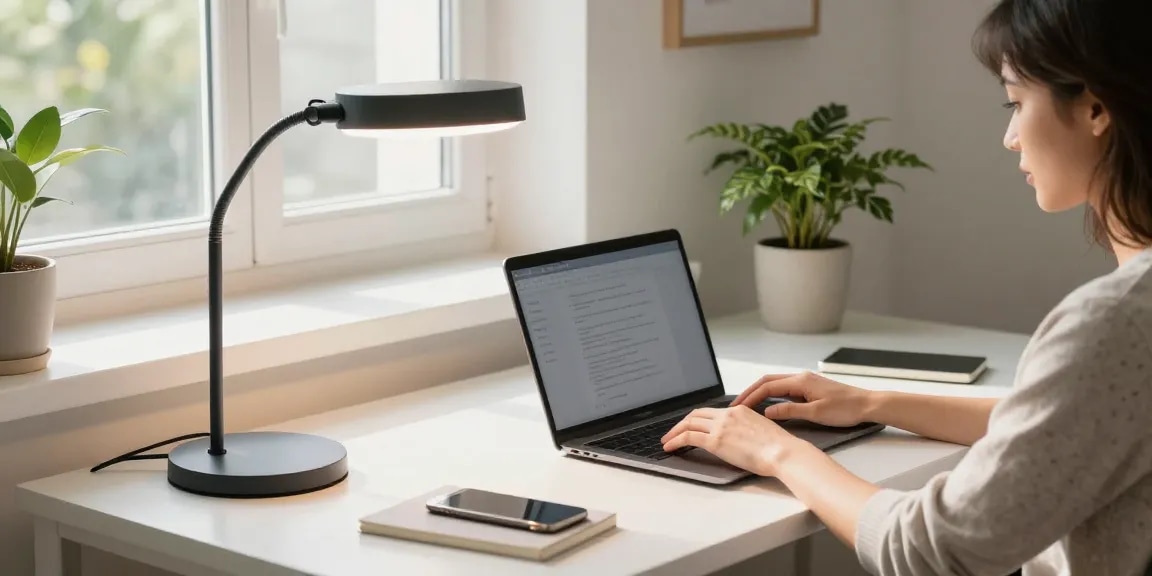 Elegantes Home Office mit Schreibtischlampen, die Produktivität und Stil fördern.