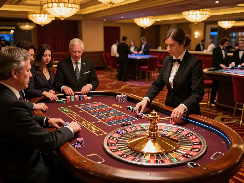 Players at a roulette table celebrate their wins in the vibrant atmosphere of 99wincasino.