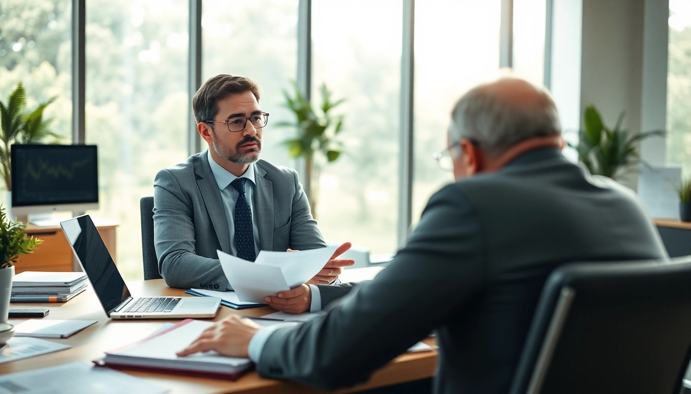 Schuldnerberater assisting clients in a modern office setting with detailed financial documentation.