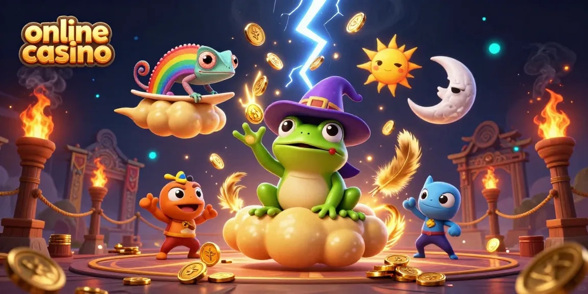 Experience the thrill of playing at an online casino with vibrant characters and golden elements.