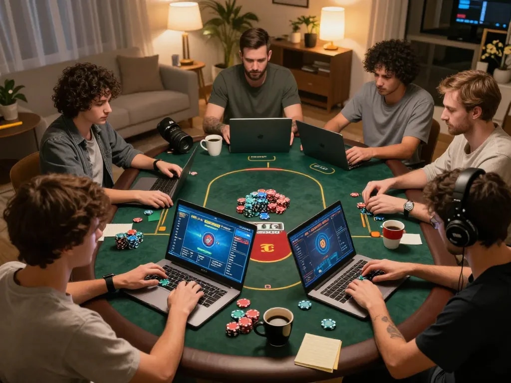 Players engaging in an exciting online poker session at home, showcasing U888 gaming excitement and strategic gameplay.