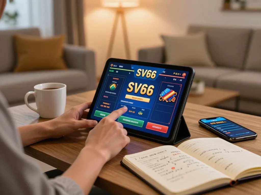 Engaging with SV66 gaming on a tablet in a cozy home setup, showcasing responsible gambling.