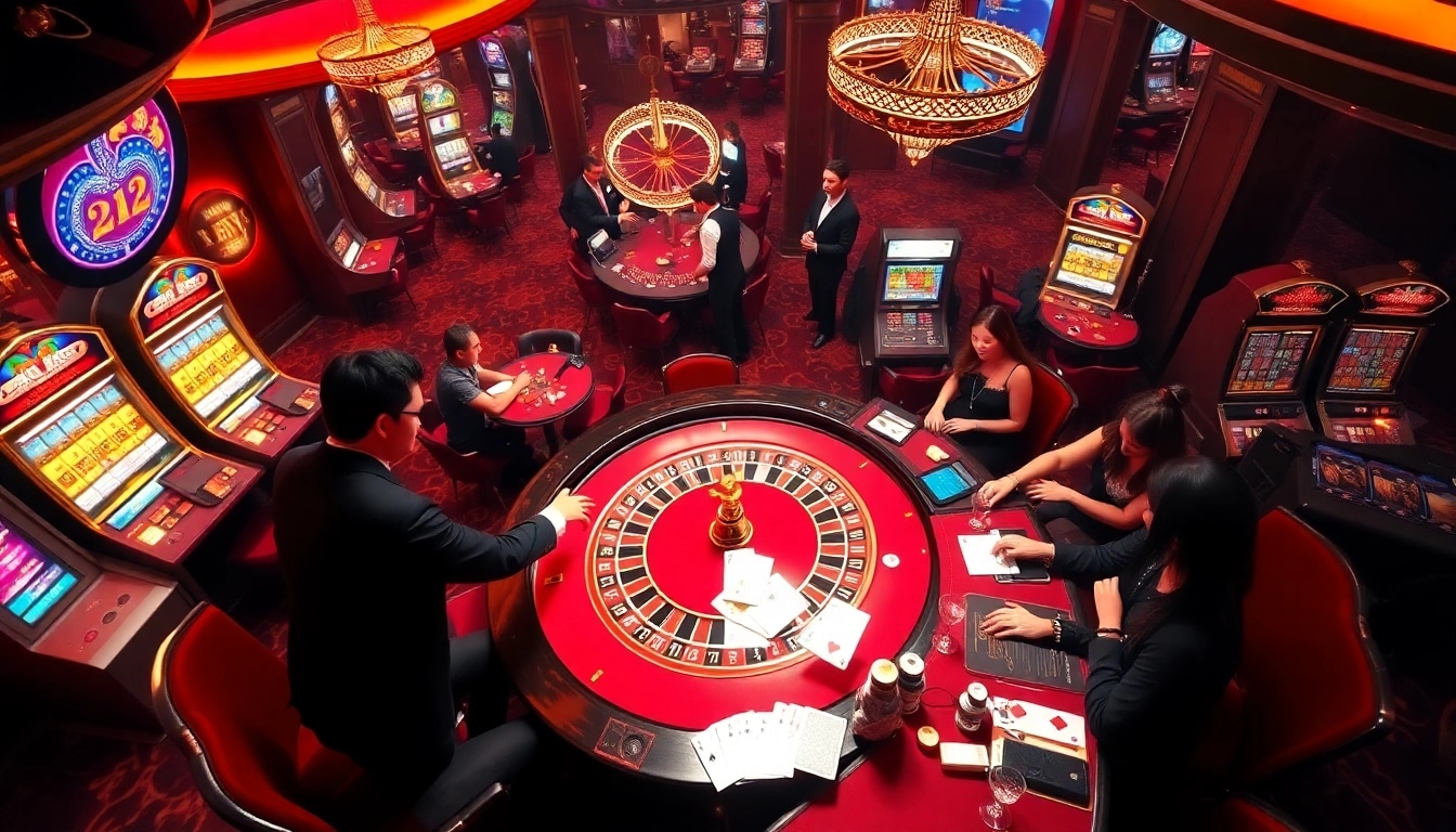 KJC casino scene with lively roulette and poker tables showcasing vibrant gameplay.