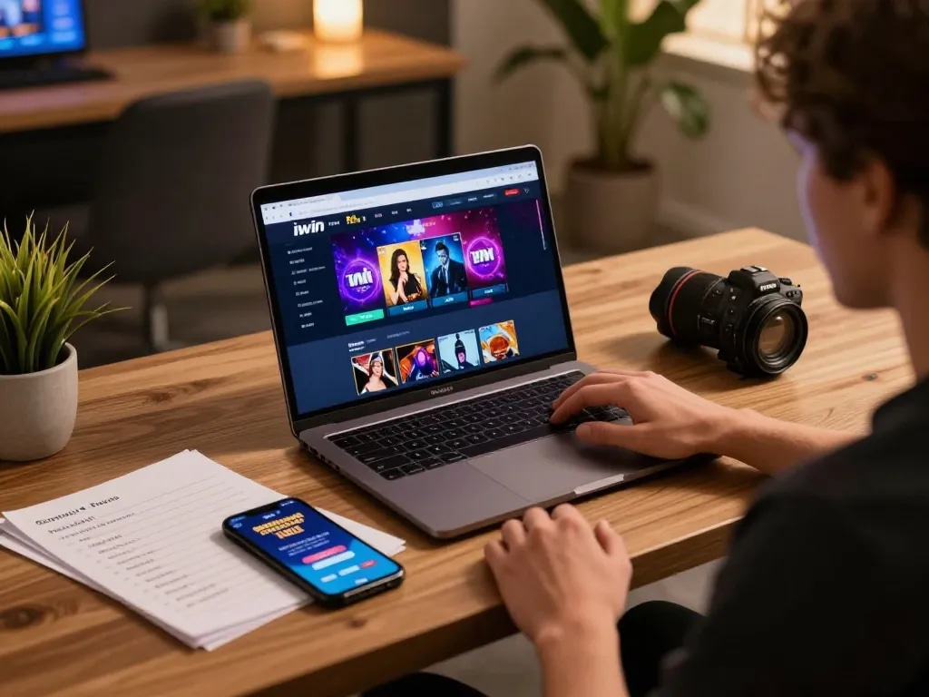 Engaged user playing iwin casino games on a laptop, showcasing a dynamic online gaming environment.
