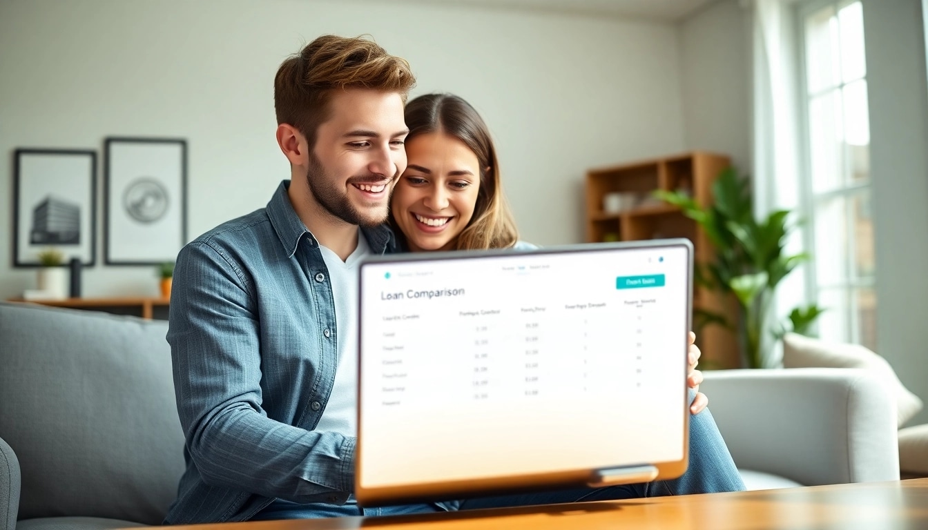 Ein Paar vergleicht Kredite online in einem modernen Büro mit Konzentration auf dem Kreditvergleich.