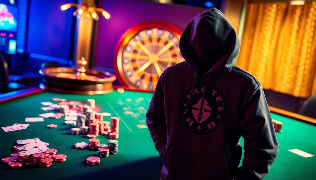 Džemperiai su logo showcased in a luxurious casino setting, with poker chips and a roulette wheel.