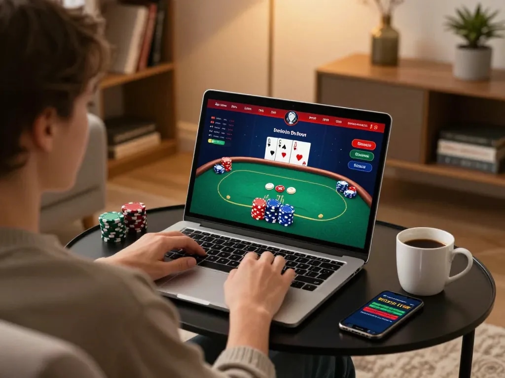 S666 poker game interface on laptop, showcasing engaging online gambling experience from home.