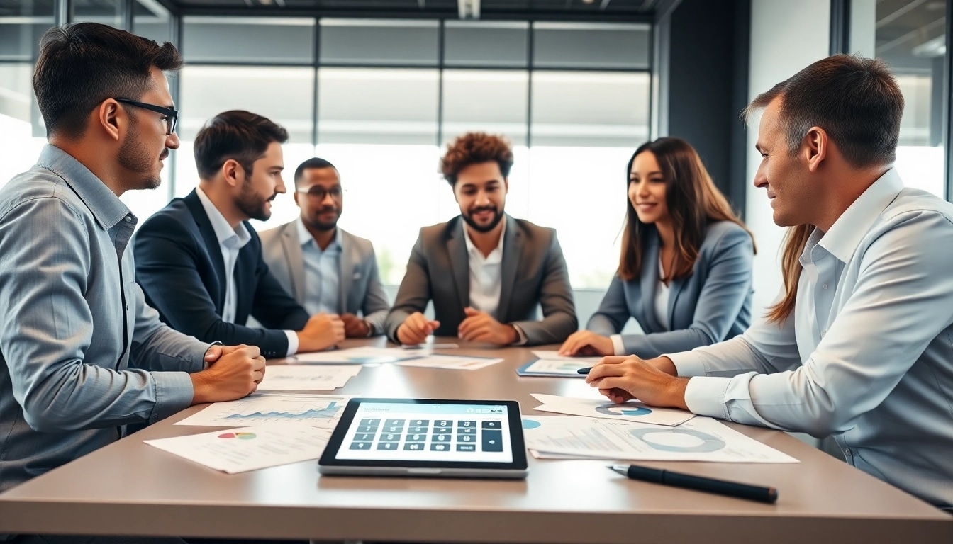 Kreditvergleich Analyse mit professionellen Beratern, die Optionen diskutieren.