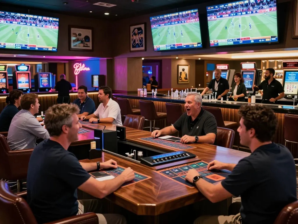 Engaged sports bettors at the ALO8 PRO lounge, eagerly placing bets during live games.