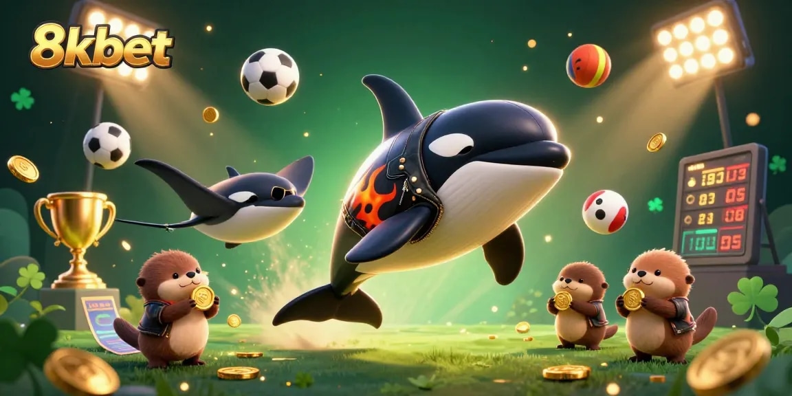 Experience the 8kbet thrill with a lively scene of playful sea creatures amidst golden coins and sports elements.