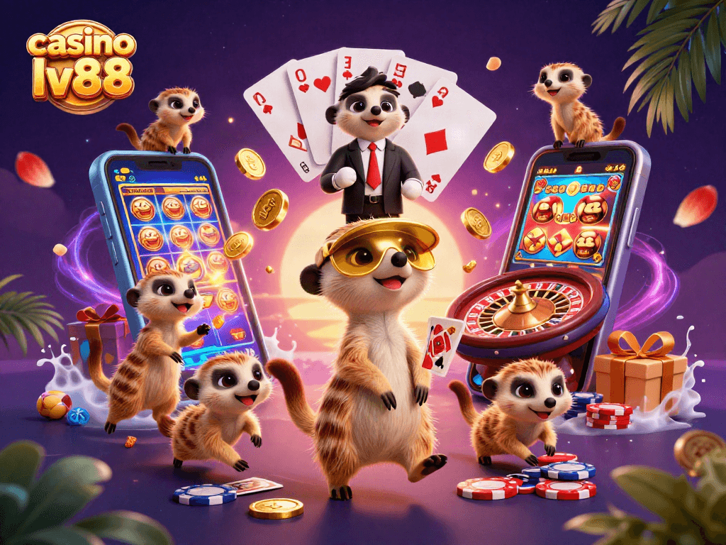Experience the excitement of casino lv88 with meerkats managing a bustling gaming scene.