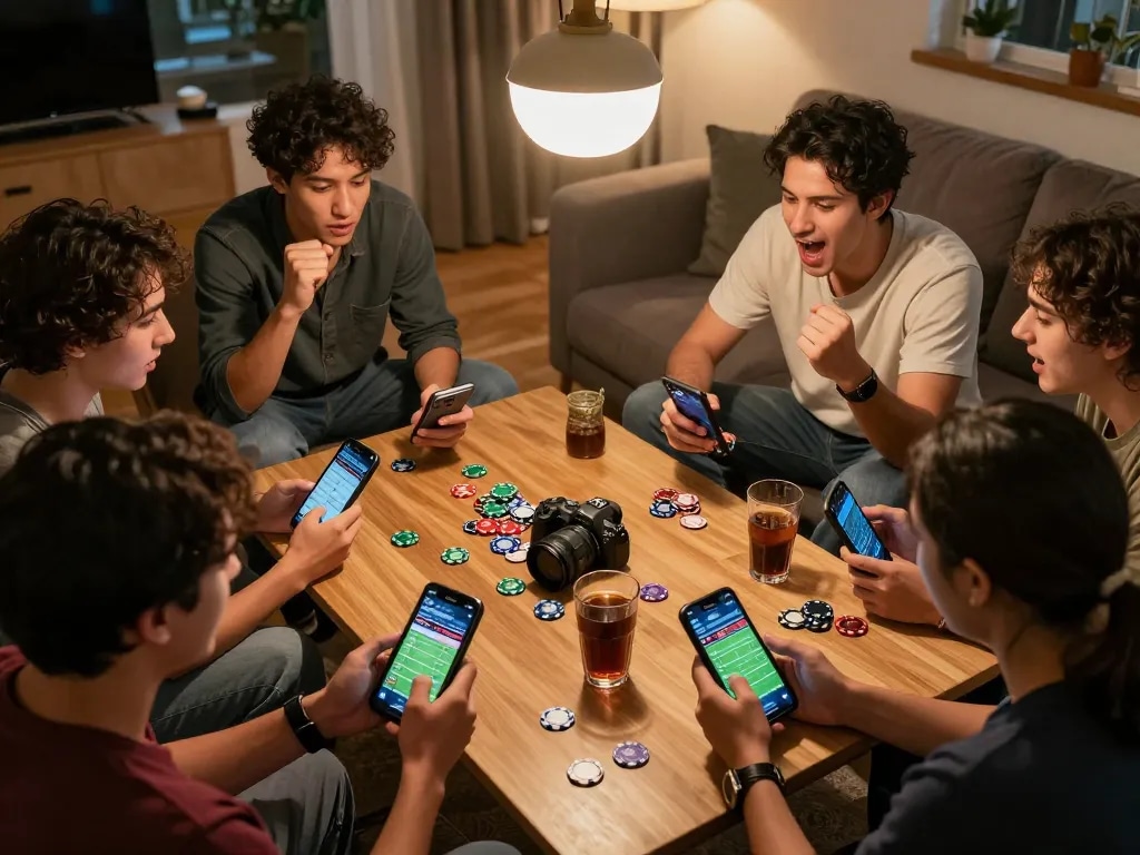 Xoilac sports betting excitement with friends cheering around a coffee table.