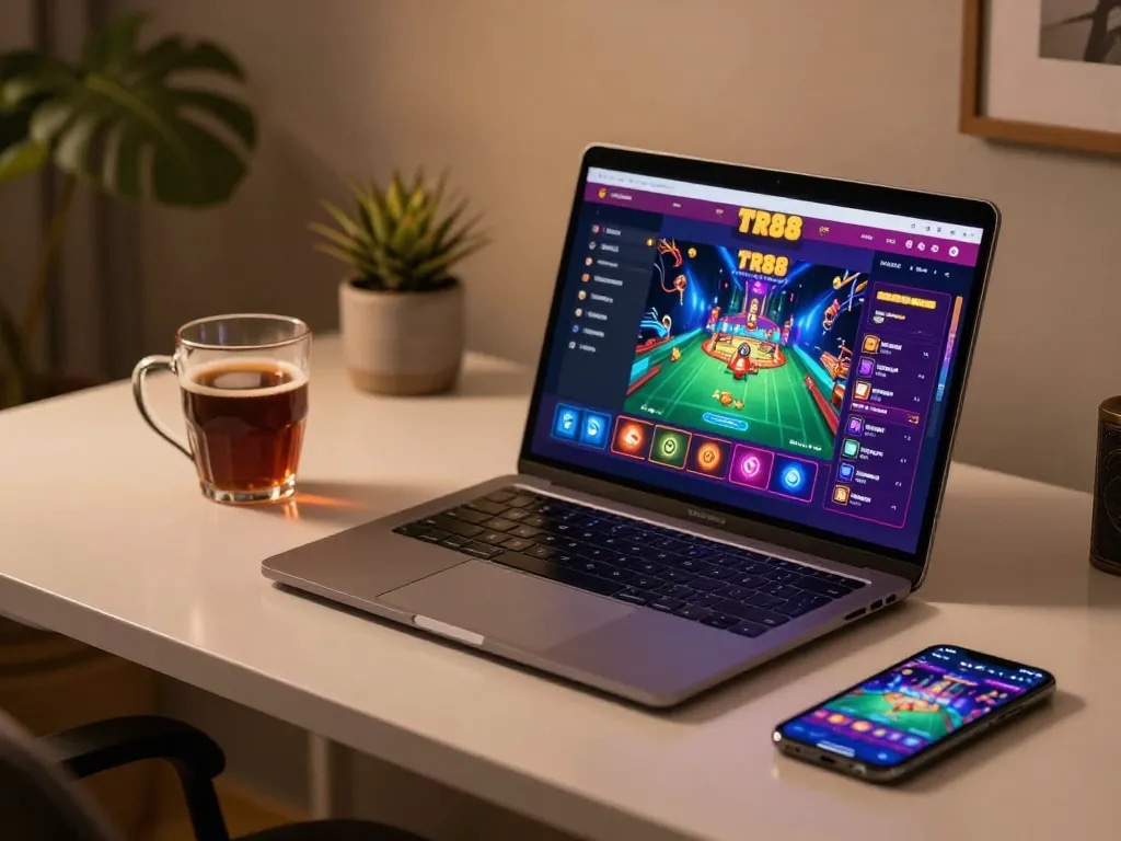 Engaging gameplay at TR88 with vibrant online casino interface on a laptop while enjoying a comfy home environment