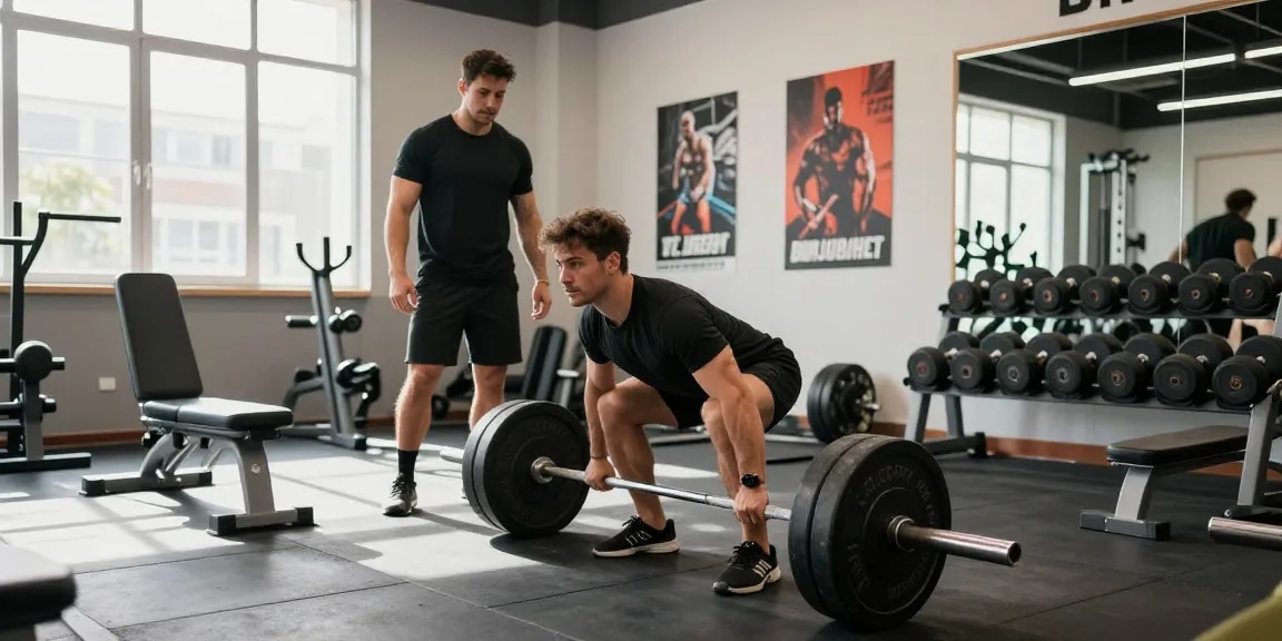Anabolika Shop: Athlet beim Deadlift im modernen Fitnessstudio mit Motivationspostern und Personal Trainer im Hintergrund.