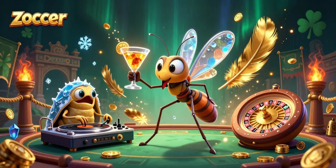 Zoccer casino mascot illustrates gaming excitement with a unique frozen mosquito character and an ammonite roulette wheel.