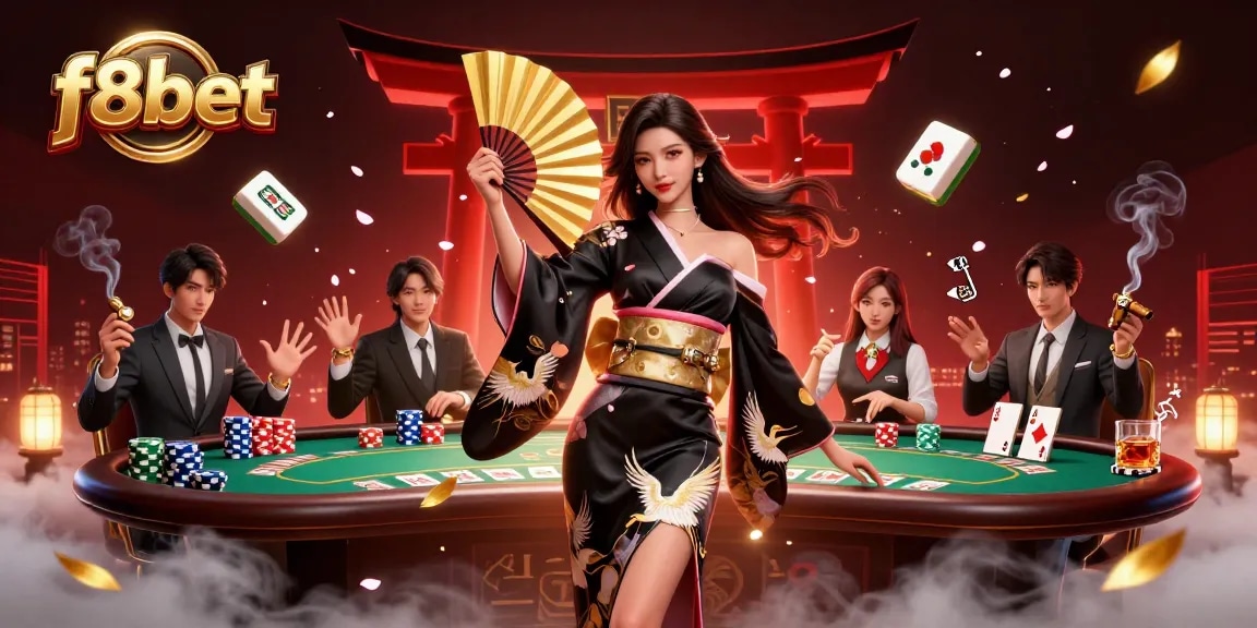 Experience thrilling gameplay at f8bet with a captivating 3D casino illustration featuring a stunning Asian woman and vibrant poker elements.