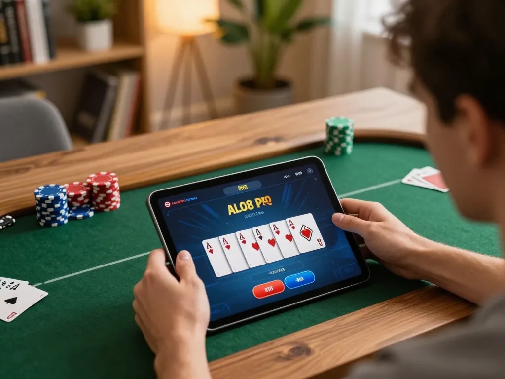 Player immersed in online gambling using the ALO8 PRO app, showcasing poker game excitement from home