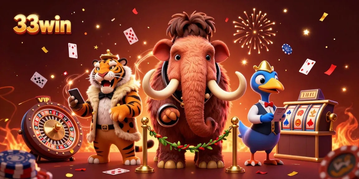 Experience excitement at 33win with our vibrant casino scene featuring engaging characters and lively game elements.