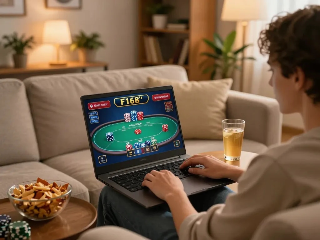 Engaging in online poker at F168 with live dealer, showcasing a cozy home gaming setup.