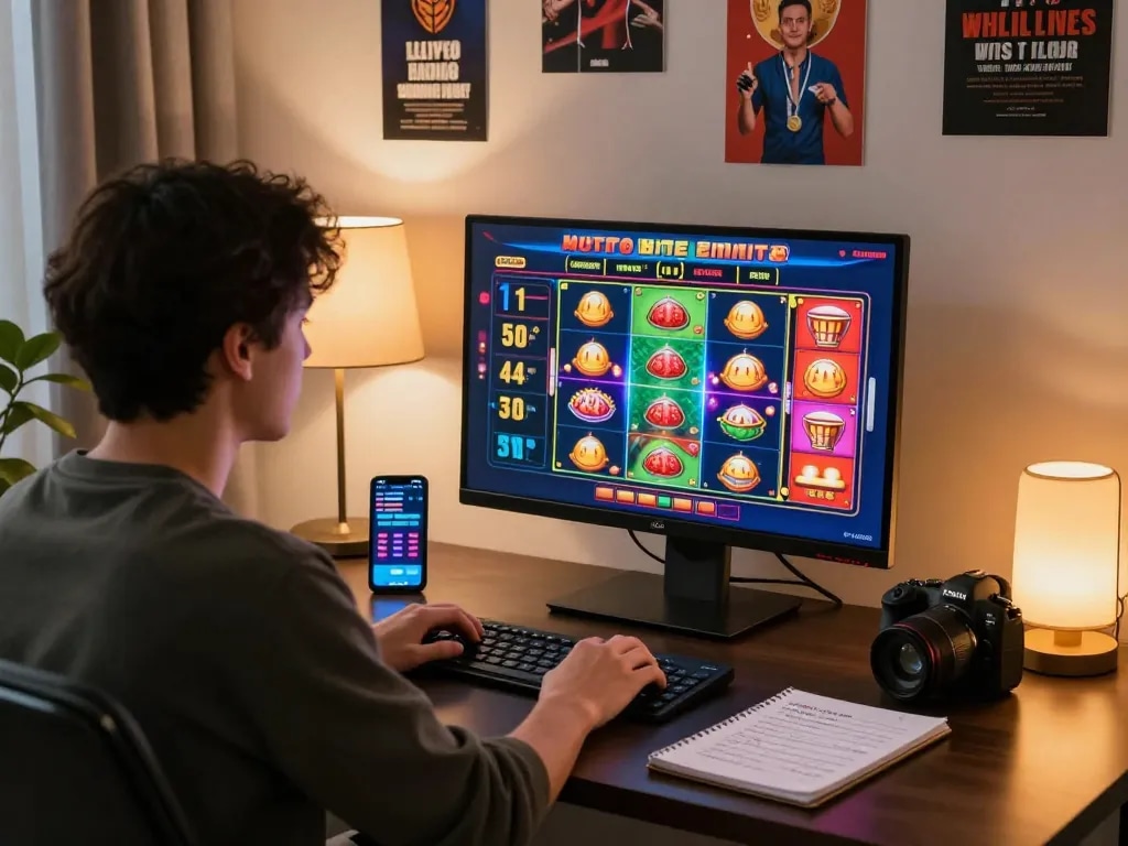 Engaging online gaming session at https://fabet.money/ with vibrant slot graphics and betting apps.