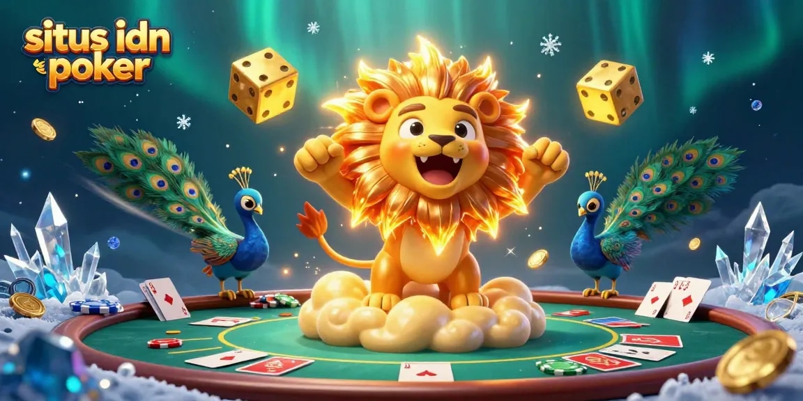 Situs idn poker menghadirkan suasana permainan poker yang menarik dengan elemen kartu dan chip berkilau.