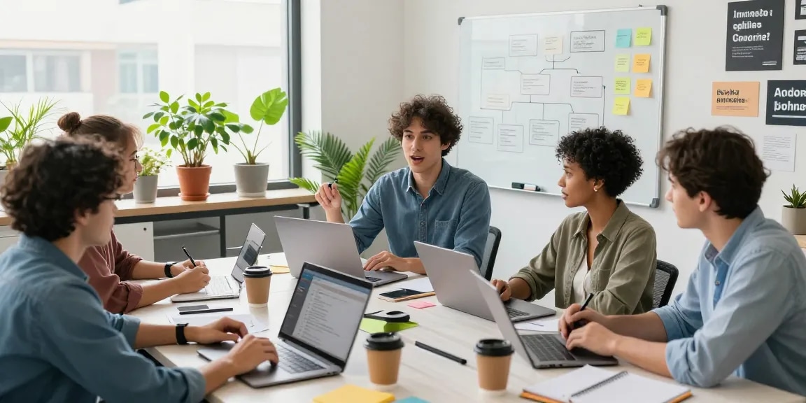 Build internal tools with AI in a collaborative office setting with a diverse team discussing software solutions.