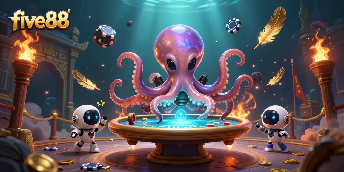 Engage with five88 poker gameplay featuring an alien octopus and exciting holographic elements.