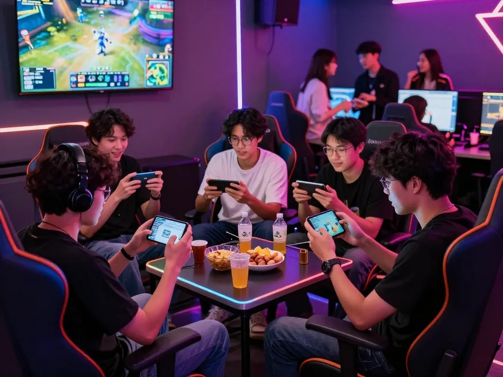 Friends enjoying Go88 gaming experience with tai go88 mobile app in a lively lounge.