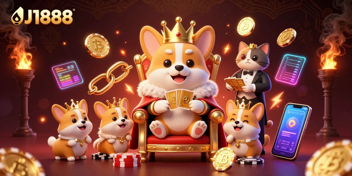 Engage in thrilling gaming with J1888 featuring royal corgi on poker chips throne surrounded by cryptocurrency.