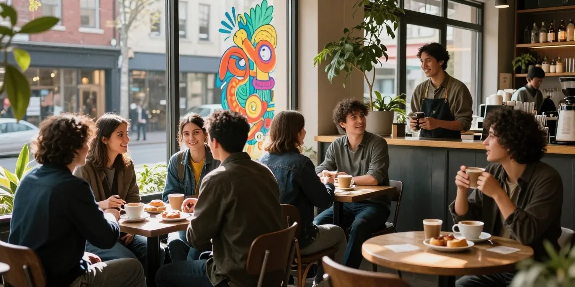 Friends enjoying drinks at rokok88 cafe with cozy urban vibe and vibrant atmosphere.