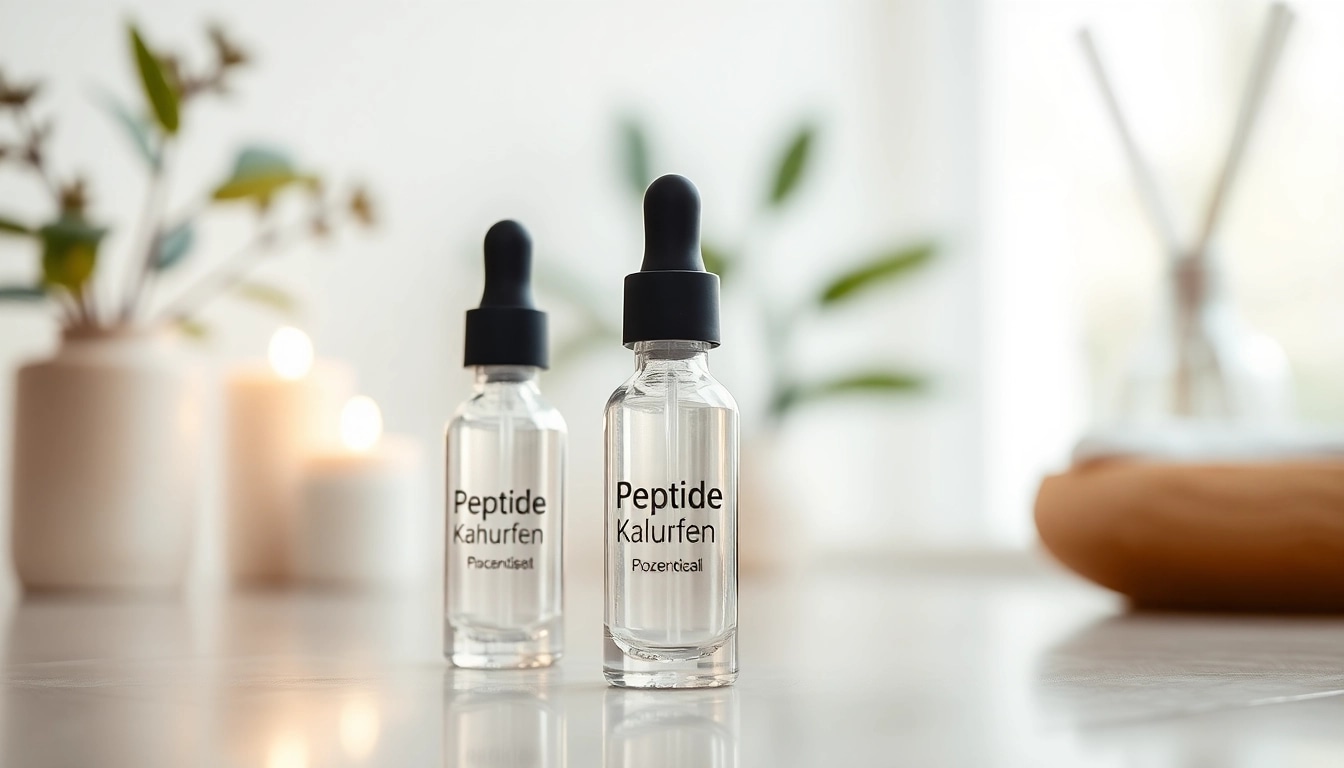 Peptide kaufen: Elegante Vials in einem modernen Spa-Setting präsentieren effektive Hautpflegeprodukte.