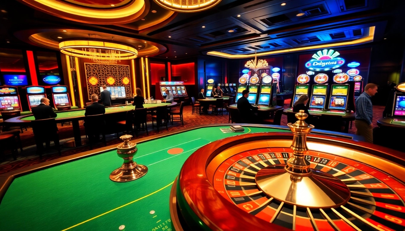 Experience the thrilling atmosphere of PS99 with sleek casino tables and vibrant slot machines.