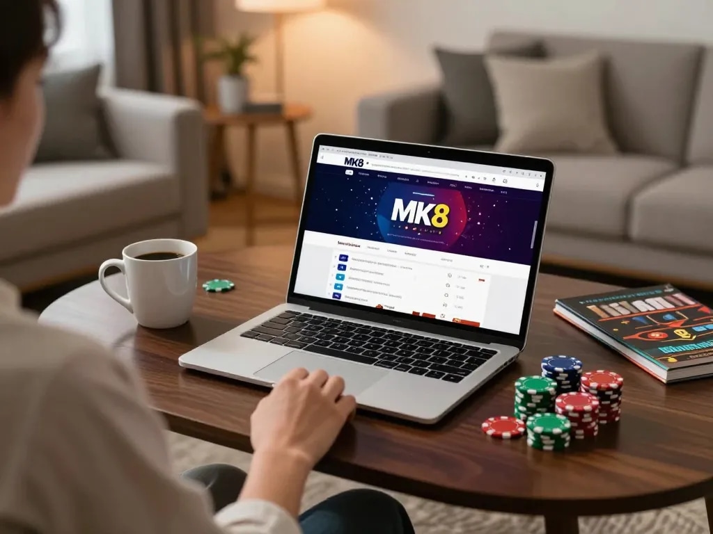 Engaging with mk8 online casino games from a stylish home setup, featuring colorful poker chips and a warm atmosphere.