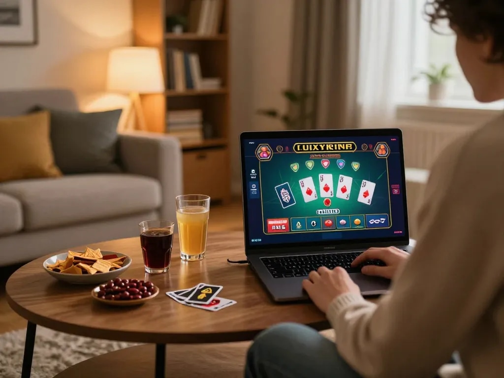 Man88 player enjoying live dealer game on laptop in a cozy home setting with snacks.