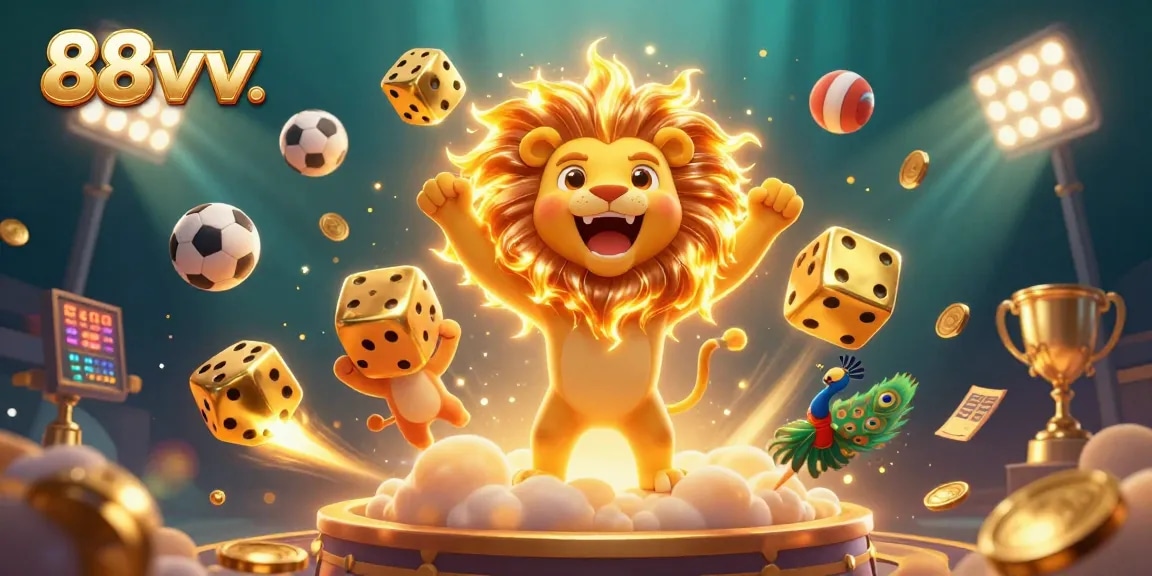 Bet on exciting games with 88vv. in this dynamic 3D casino illustration showcasing vibrant characters, sports elements, and chance.