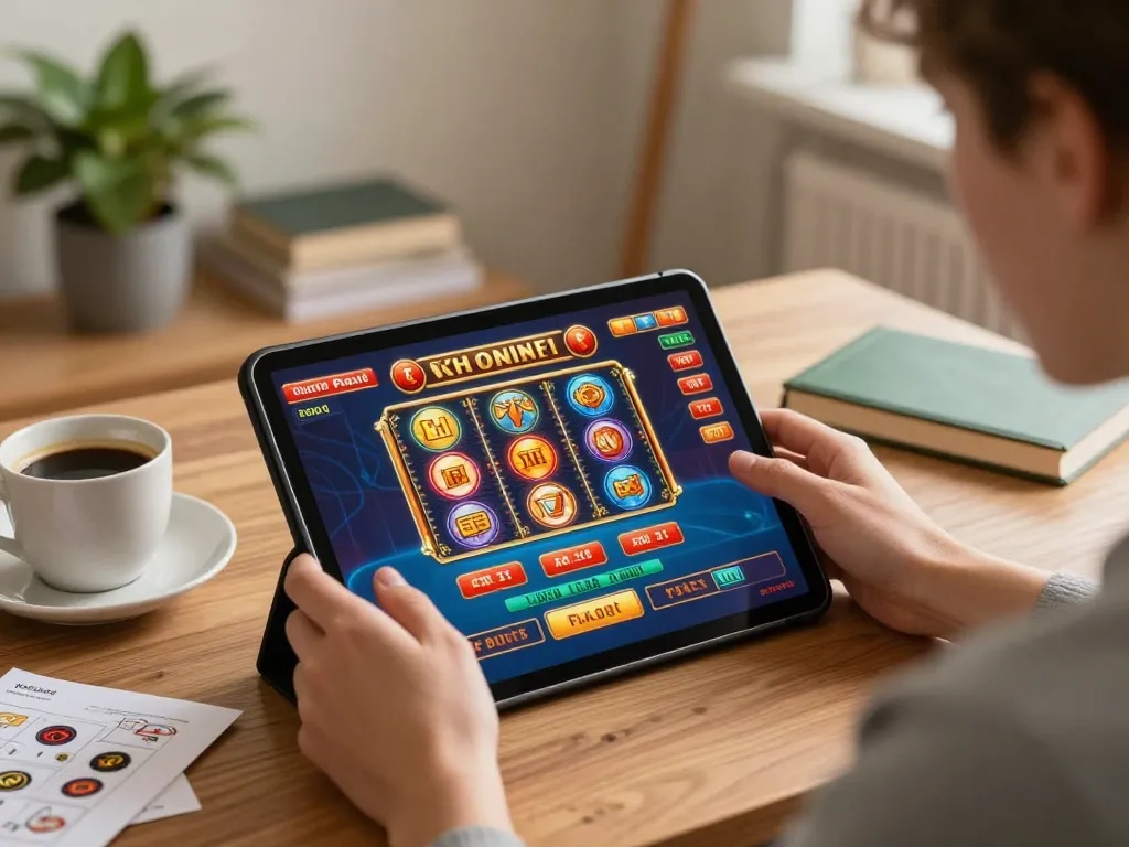 Engaging in đăng nhập qq88 on a tablet during a cozy home gaming session.