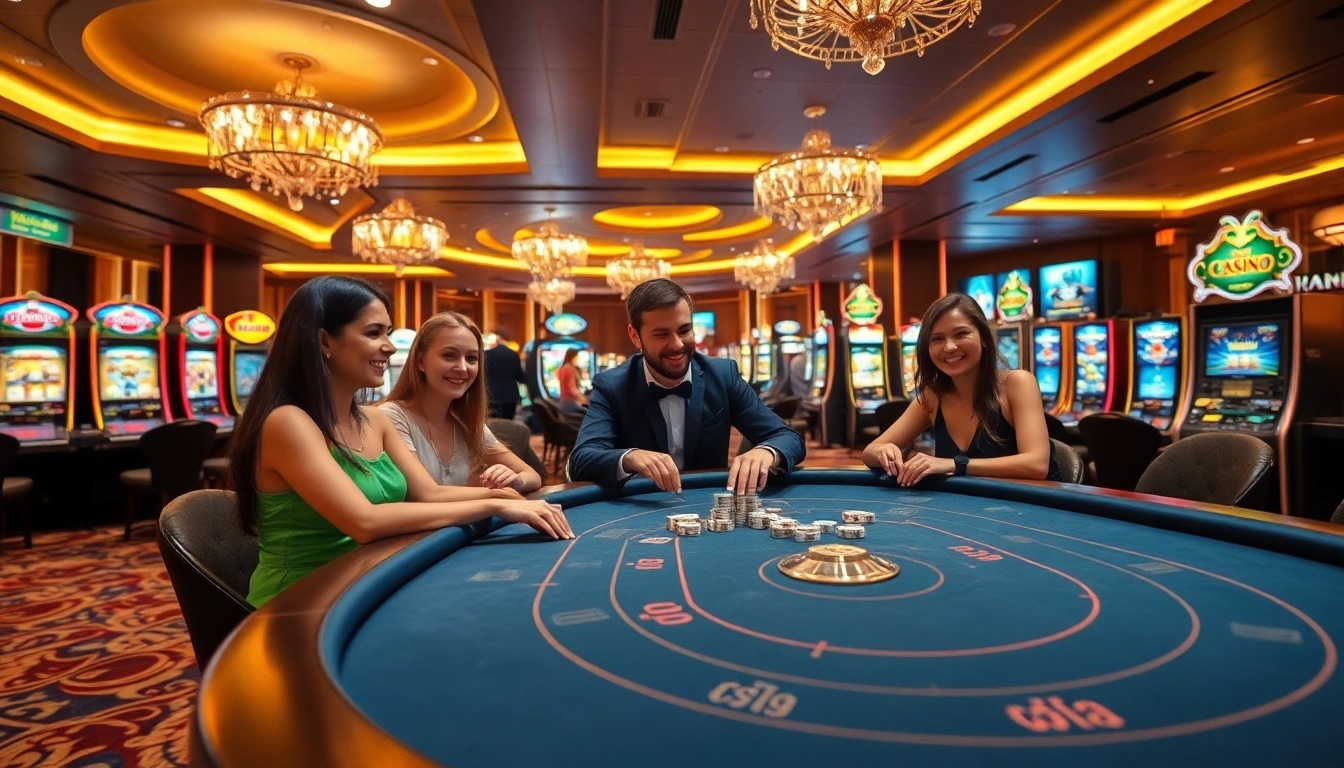 Erleben Sie das aufregende Ambiente des online casino schweiz mit eleganten Spieltischen und bunten Spielautomaten.