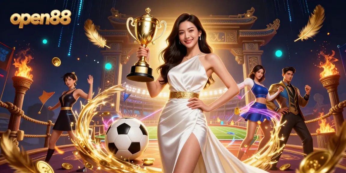 Experience thrilling gaming at open88 with a stunning Asian winner holding a trophy in a vibrant casino scene.