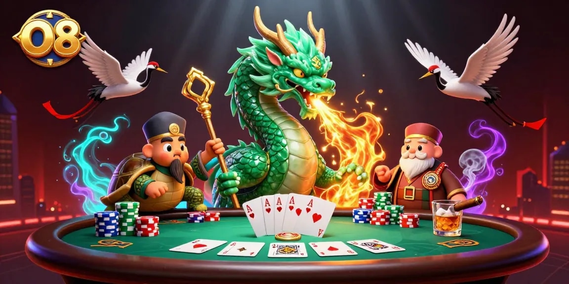 Experience thrilling gameplay at O8 with an enchanting emerald dragon, poker elements, and lively characters.