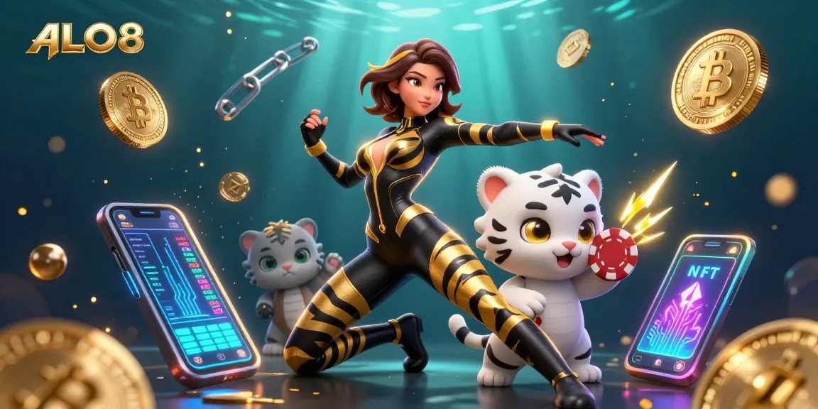 ALO8 showcases thrilling gameplay with a vibrant 3D woman and baby tiger in an action-packed casino scene.