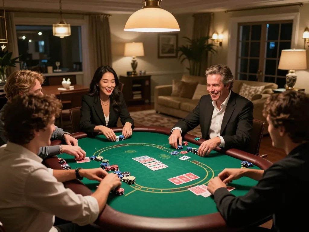 Ein Pokerabend zu Hause mit Freunden im Golden Panda Casino genießen.