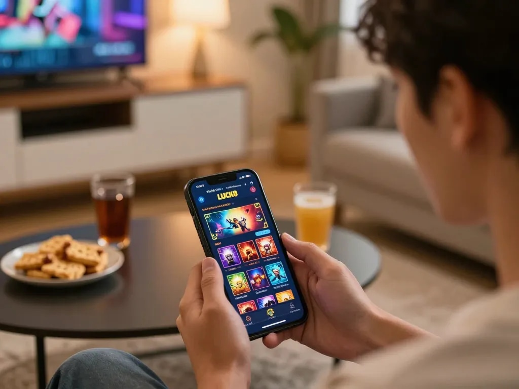 Engaging in TRANG CHỦ LUCK8 with a smartphone displaying exciting betting options in a warm home environment