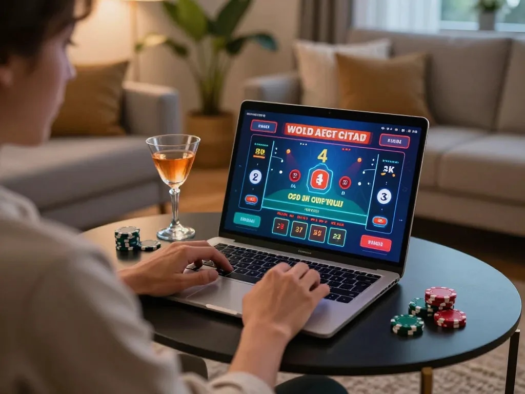 Engaging gameplay on fly88 laptop at home, showcasing a blackjack table and vibrant chips.