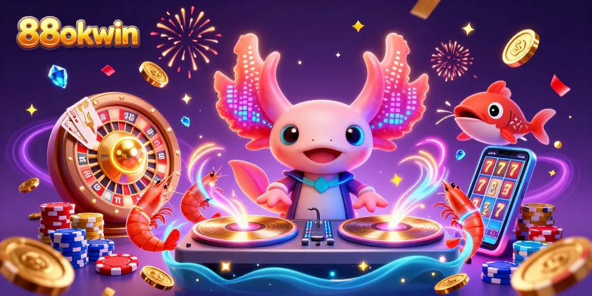Spin the reels and win big with 88okwin's vibrant 3D casino celebration featuring neon axolotl DJ.