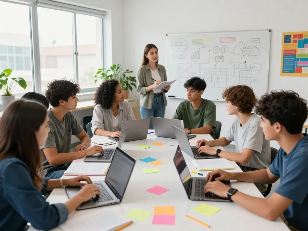 Schüler, die in einem hellen Klassenzimmer an Hausaufgaben Löser Projekten zusammenarbeiten und Lernprozesse zeigen.