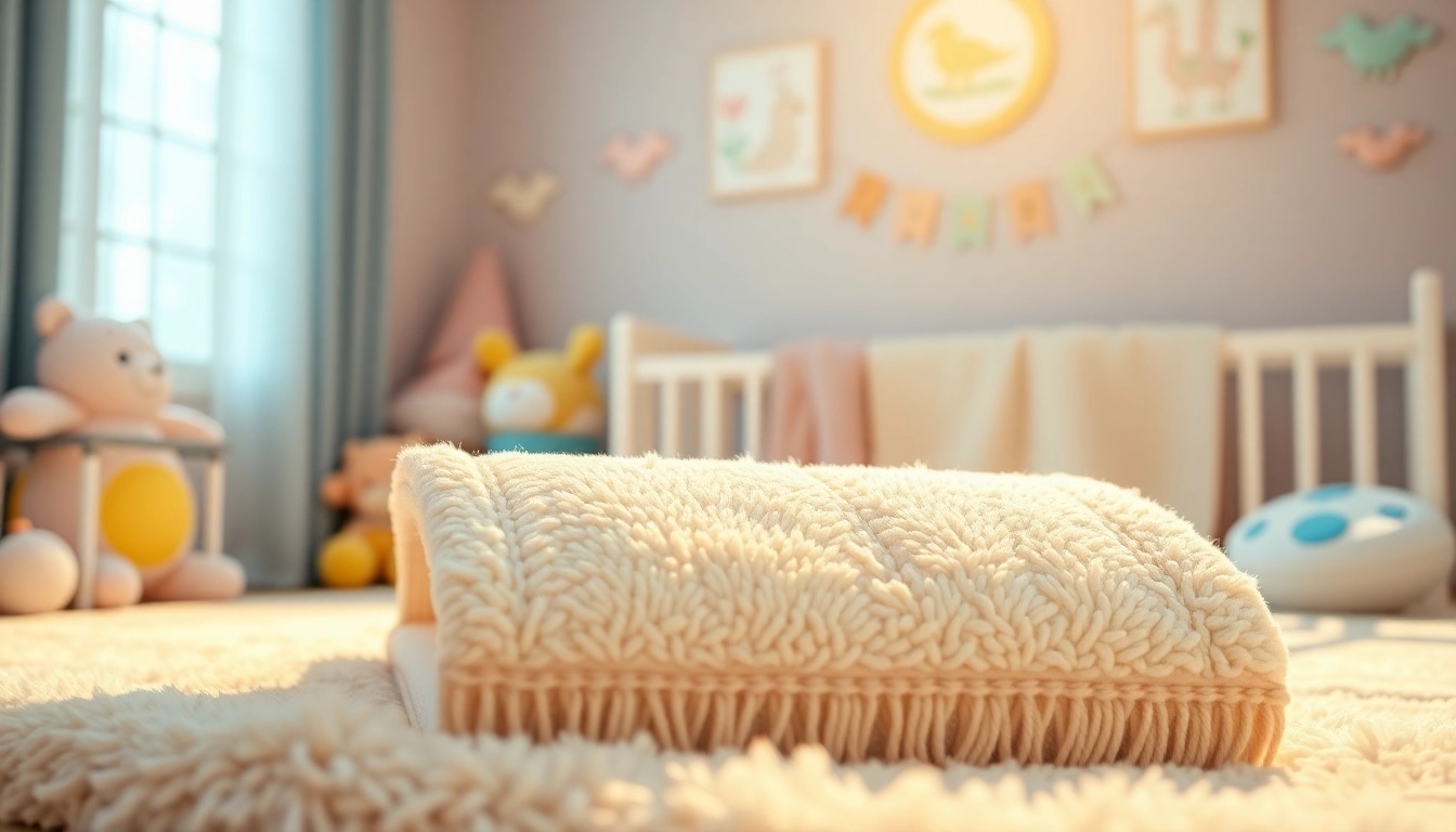 Babyalbum mit weichem Bezug zwischen bunten Spielzeugen in einem gemütlichen Kinderzimmer
