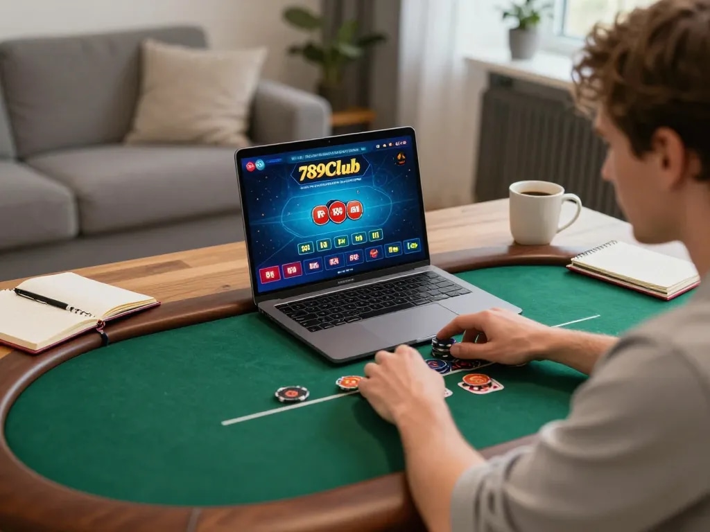 Player enjoying 789Club's poker game on a laptop in a cozy home setting, highlighting strategic gameplay
