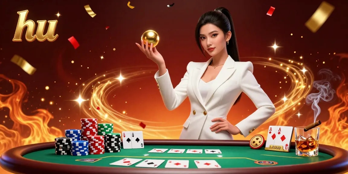 Experience the thrill of hu casino with a gorgeous Asian woman confidently holding a roulette ball, surrounded by poker elements.